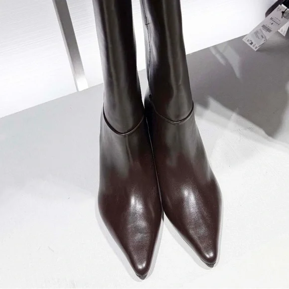 Zara Chocolate Brown Vegan Knee-High Pointed-Toe Boots with Heels. Size 6. - Picture 5 of 9